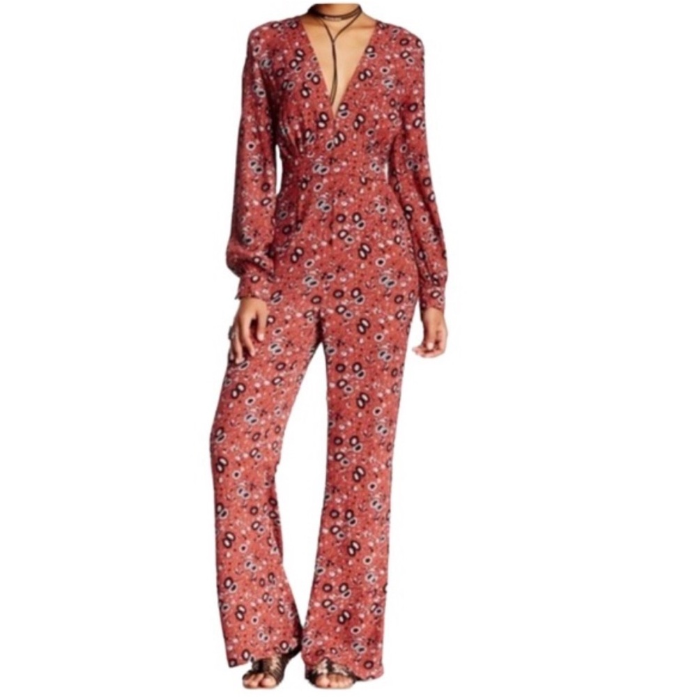 Free People Some Like It Hot Long Sleeve Flare Jumpsuit Size 0